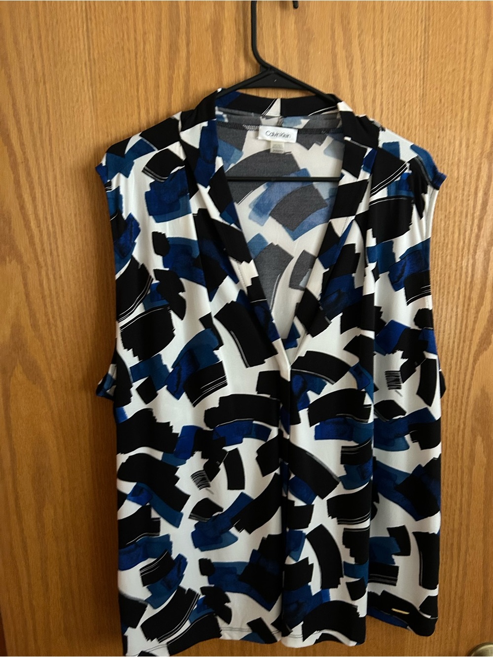 Calvin Klein Blue, Black and White Abstract Brushstroke Sleeveless Top